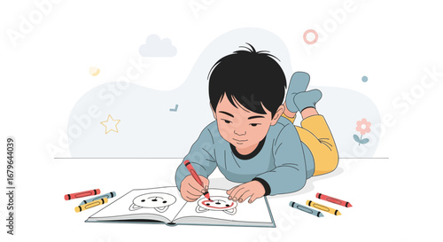 Joyful Kid Coloring Book Drawing Cute Picture With Crayons And Smiling Face Illustration