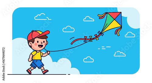 Joyful Child Flying A Colorful Kite In A Sunny Day, Cartoon Illustration Style