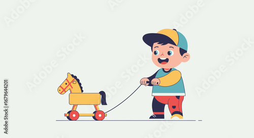 Joyful Kid Playing With Toy Horse, Embracing Childhood Happiness And Imagination Unbound