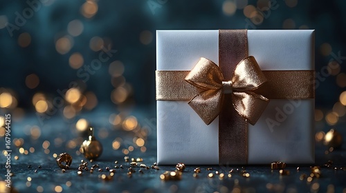 An elegant white gift box with a shimmering gold ribbon and bow set against a dark background with festive golden bokeh lights