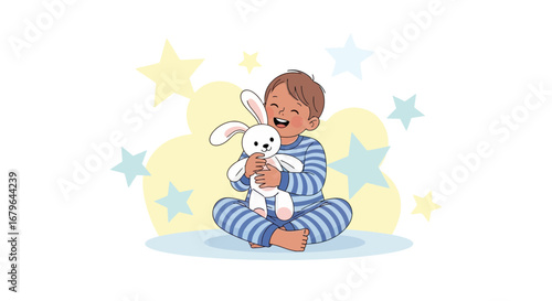 Joyful Child Holding Toy Rabbit Under Starry Sky with Cheerful Expression