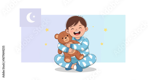 Joyful Child Hugging Plush Toy In Pajamas Before Going To Sleep Or Dreaming