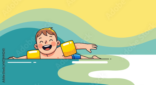 Joyful Kid Swimming in Pool with Armbands During Summer Recreation Activities