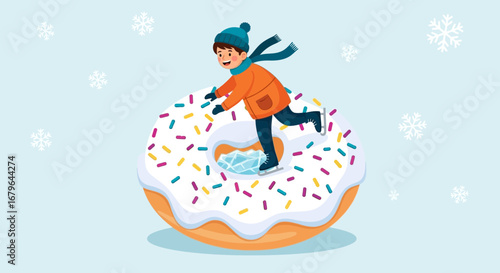 Joyful Child Ice Skating Upon Sweet Donut, Wintertime Artistic Illustration Scene