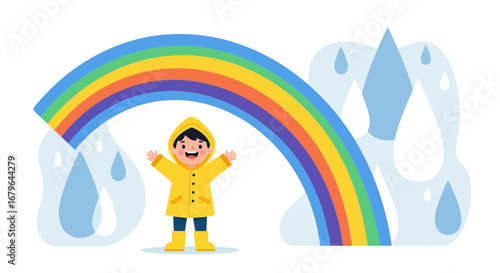 Joyful Kid under Rainbow and Raindrops Celebrating After The Storm Outdoors