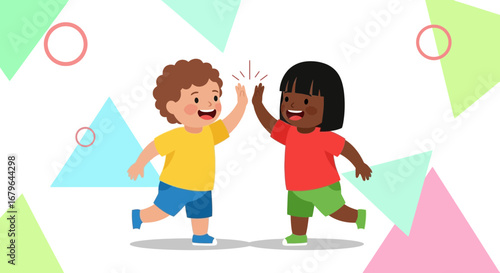 Joyful Kids Celebrate Friendship with a High Five in Playful Colorful Illustration