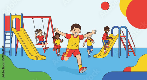 Joyful Kids Play On Playground Equipment: Slide, Swing, And A Fun Day Of Play