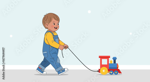Joyful Child Leads Toy Train Through Playtime, Perfect Illustration For Children's Product Or