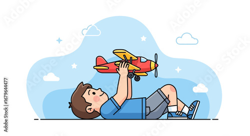 Joyful Child Lying Down Playing With Toy Aeroplane Under Blue Sky Background
