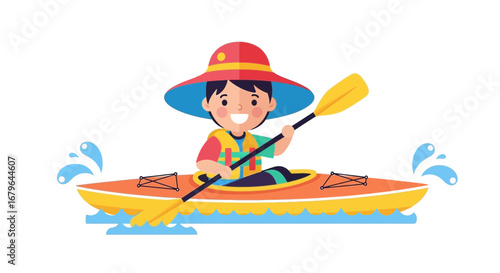 Joyful Person Paddling Kayak on Water with Colorful Hat and Life Jacket