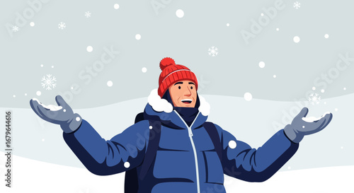 Joyful Person Experiencing Snowfall, Winter Wonderland, Cold Weather Outdoor Adventure