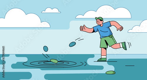 Joyful Person Skipping Stones Over Water Surface in a Sunny Day of Summer
