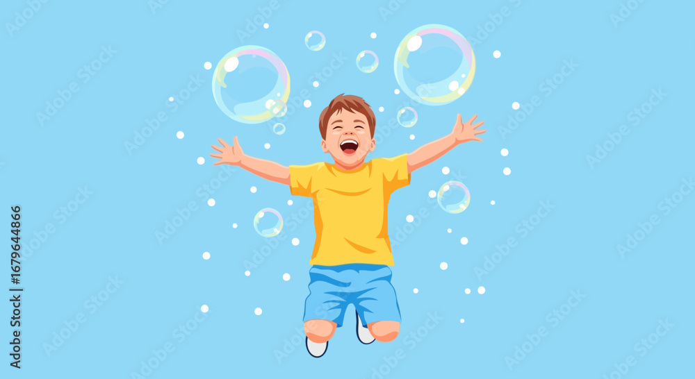 Fototapeta premium Joyful Child Playing With Bubbles in a Bright, Airy Scene, Expressing Pure Delight