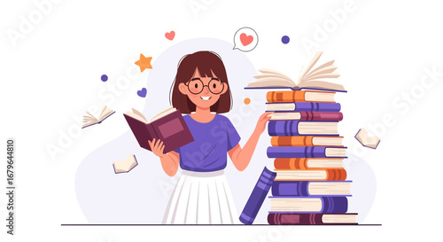 Joyful Reader Surrounded By Books Passionately Studying and Enjoying Education
