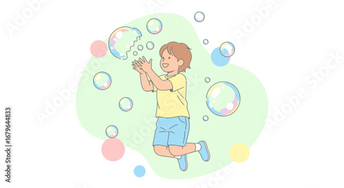 Joyful Child Playing With Bubbles Floating in The Air in Illustrative Style