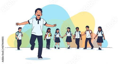 Joyful School Children Celebrating Together With Arms Wide Open, Smiling in Excitement