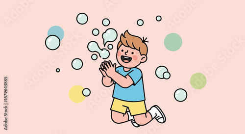 Joyful Child Playing With Bubbles Smiling Celebrating Happiness And Amusement