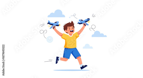 Joyful Child Playing With Toy Airplanes, Expressing Dreams of Flight and Adventure