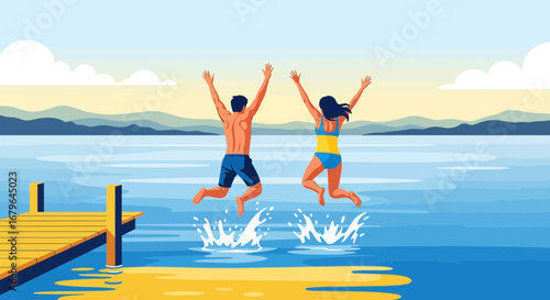 Joyful Summer Leap: Couple's Exciting Plunge into Sparkling Water Near A Wooden Dock Scene
