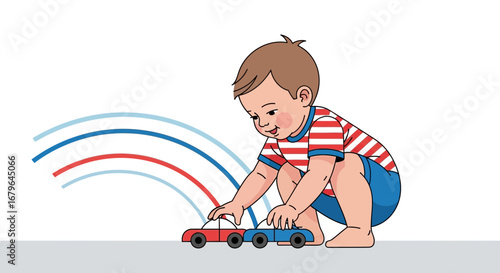 Joyful Child Playing With Toy Cars Against Abstract Rainbow Colored Arcs
