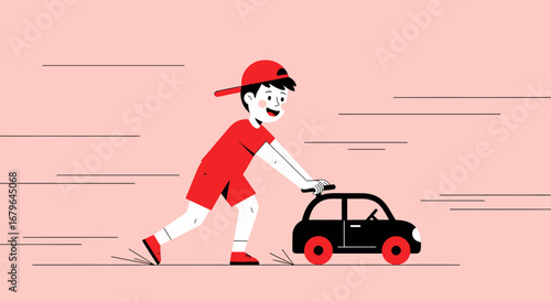 Joyful Child Playing With Toy Car Demonstrating Speed and Delight in a Playful Illustration