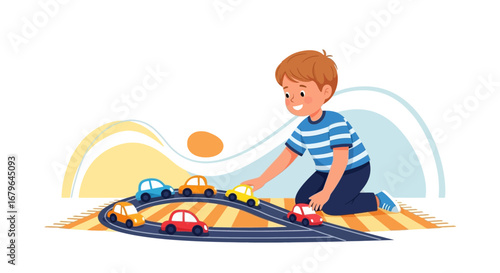 Joyful Child Playing With Toy Cars On A Wavy Track: Playtime Fun Illustration