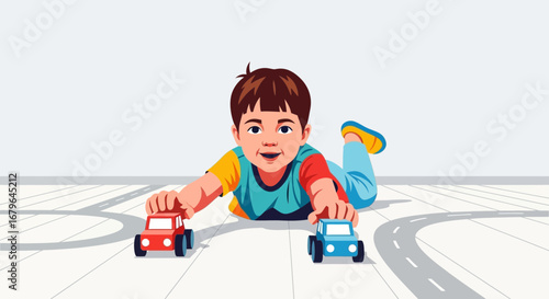 Joyful Child Plays With Two Toy Cars, Exploring Imagination, Fun Play Time