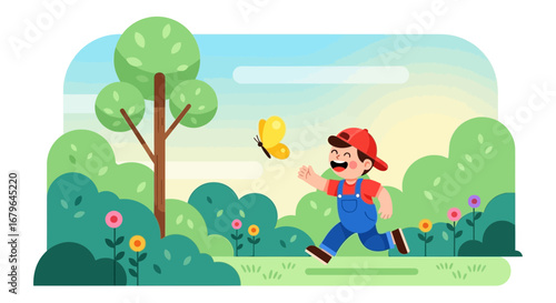 Joyful Toddler Chasing Butterfly in a Green Park, Colorful Nature Artwork For Children