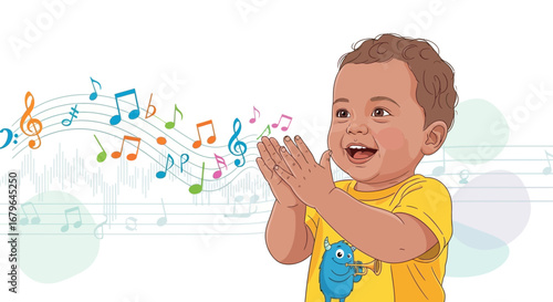 Joyful toddler claps along to colorful music notes during a happy cartoon composition