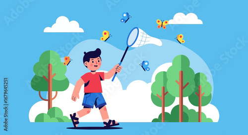 Joyful Child Pursuing Butterflies With Net In A Lush Green Park On A Sunny Day