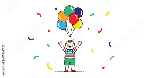 Joyful Child Raising Hands Happily With Colorful Balloons Celebrating a Special Occasion
