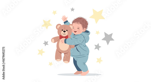 Joyful Toddler Embraces Teddy Bear Amidst Whimsical Starry Background