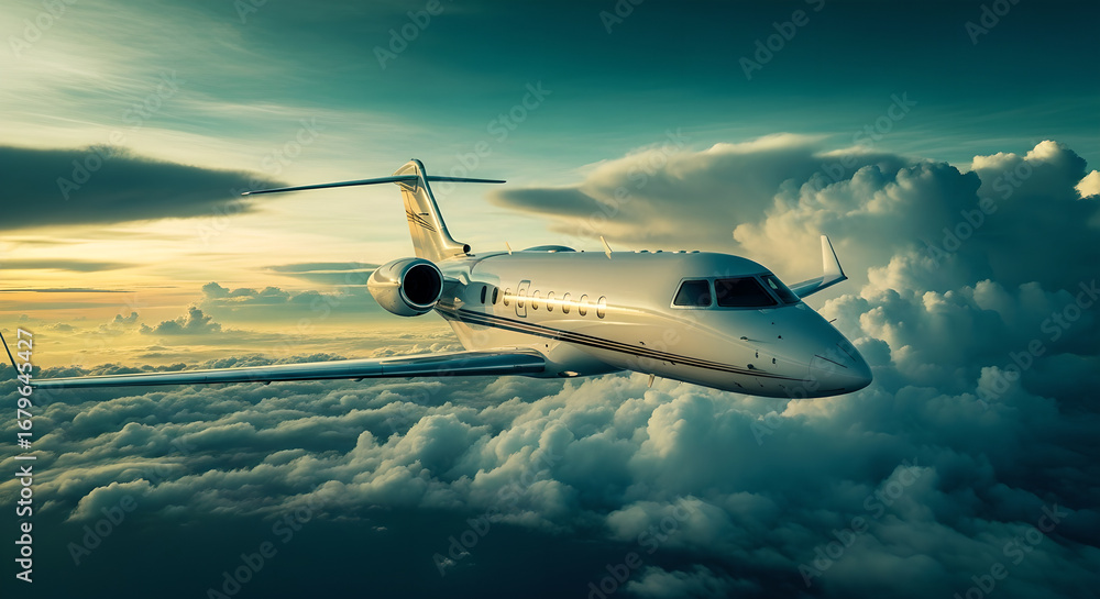 Naklejka premium Luxury Private Jet Flying Above Clouds Sunset Sky