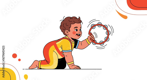 Joyful Toddler Playing Tambourine: A Playful Illustration on a White Background