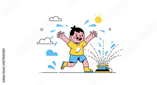 Joyful Child Running Through Sprinkler, Playing Under Sunshine During a Summer Afternoon