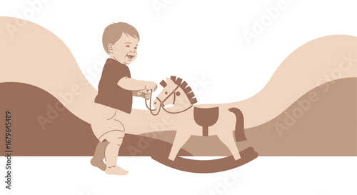 Joyful Toddler Plays With Wooden Toy Horse In A Whimsical Illustrative Design