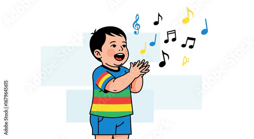 Joyful Child Singing and Applauding with Musical Notes Representing Melody