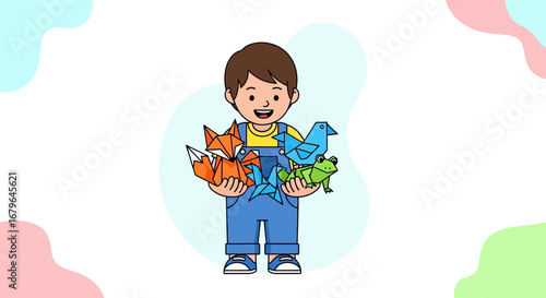 Joyful Child Showing Handcrafted Paper Animals, Expressing Creativity and Skillful Craftsmanship