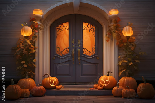 The front doors are beautifully decorated for Halloween, with pumpkins on the steps below