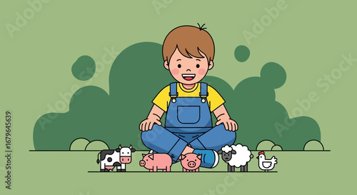 Joyful Child Sitting Amongst Farm Animals Amidst Green Background Illustration