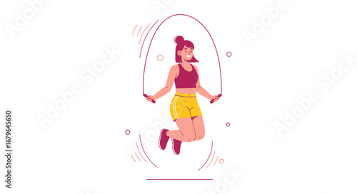 Joyful Woman Enjoys Jumping Rope for Exercise and Fitness in a Minimalist Style