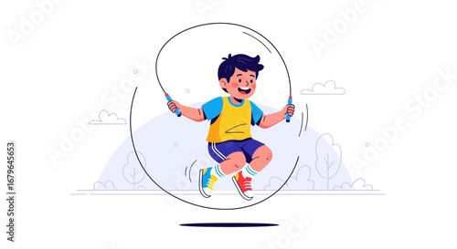 Joyful Child Skipping Rope And Exercising During Outdoor Summer Fun Activities