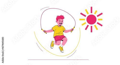 Joyful Child Skipping Rope Outdoors, Healthy Lifestyle, Fitness Illustration, Summer