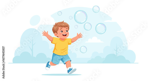 Joyful Young Boy Chasing Bubbles In A Playful, Delightful, And Cheerful Outdoor Scene