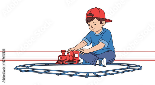 Joyful Young Boy Engaging With a Toy Train on a Playful, Imaginative Adventure