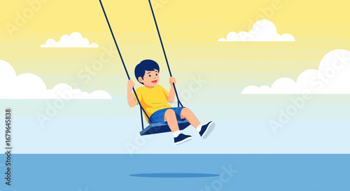 Joyful Child Swinging Outdoors Under a Sunny Sky with a Hint of Freedom and Movement