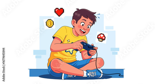 Joyful Young Boy Immersed In a Video Game Session with Controller and Pixel Icons