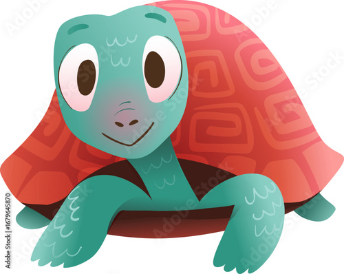 Cute land turtle or tortoise domestic animal, cartoon character for children. Funny baby tortoise, pet cartoon for kids. Colorful and fun pet animals for children, vector clip art illustration.