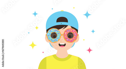 Joyful Child Wearing Donut Glasses with Bright, Playful Design and Energetic Vibe