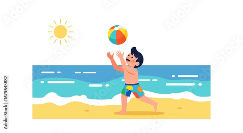 Joyful Young Boy Playing Beach Ball On The Sunny Seaside Shoreline  Summer Vacation